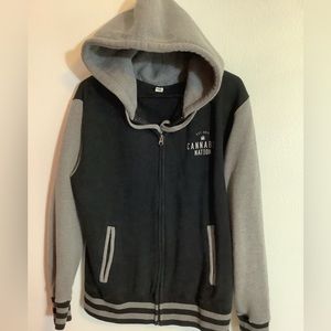Varsity style hooded jacket Size M “Cannabis Nation” logo black and gray.